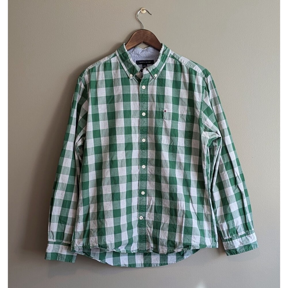 Tommy Hilfiger Dress Shirt Men Size Large Green Check Plaid Button Down Cotton